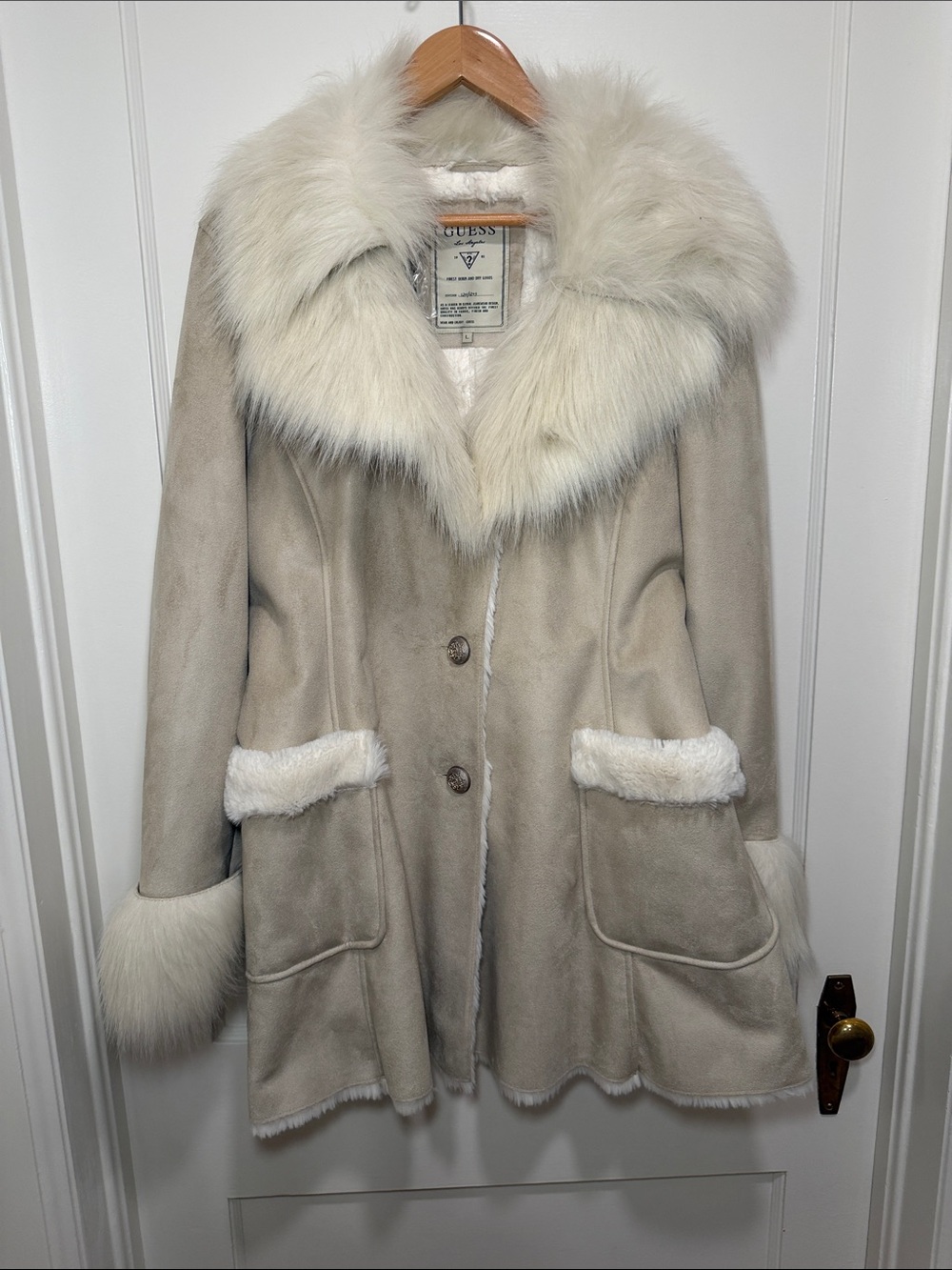 GUESS Cream Faux-Fur Trim Suede Jacket